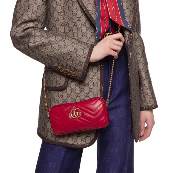 ❌SOLD❌Gucci Calfskin Matelasse Mini GG Marmont Chain Crossbody Bag in Red - Picture 11 of 11